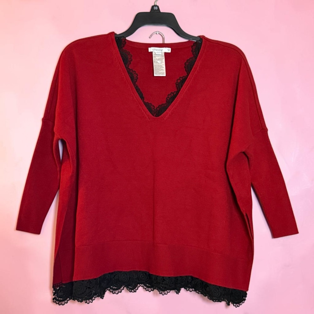 Chico's Red Lace Trim V-Neck Sweater Oversized Knit Top Size XXS/XS 00/0